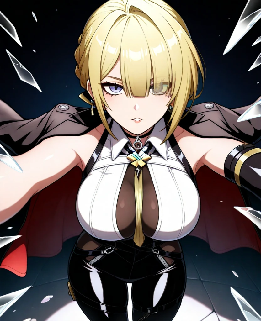 clare, (grey eyes:1.3), blonde hair, armor, bodysuit, detached sleeves, (white detached sleeves:1.3), bare shoulders, 1girl, solo, anime screencap, frontlighting, (simple background, black background, dark background:1.3), masterpiece, absurdres, hdr, soft light, best quality, detailed, highres, shiny skin, shiny hair, (looking at viewer, eye contact with viewer:1.5), light smile, (closed mouth:1.2), arms up, raised arms, armpits, in the center, symmetrical, upright,