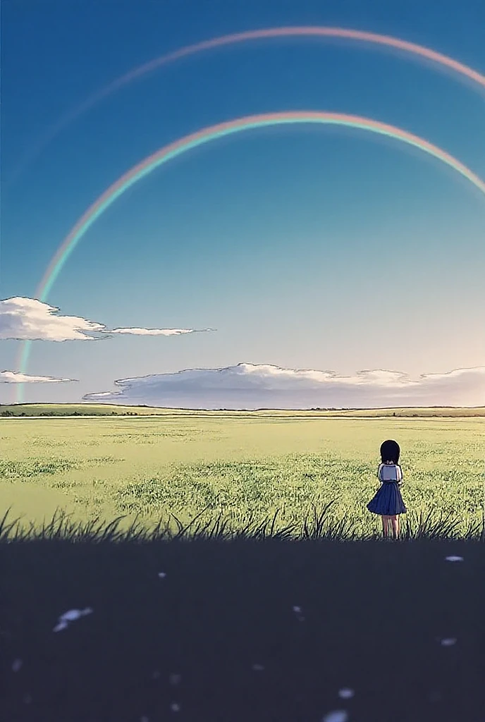 {{{Masterpiece, highest quality, high resolution background}}}, bright and beautiful atmosphere, 1 girl (5 years old, round face, baby face, young, child), small breasts, scenery after the rain, scenery with a rainbow, summer A cute costume, a girl looking up at a rainbow, a mini-pig excited about the rainbow, a mini-pig looking up at the sky, "deltamon_sdXL :0.73) >Deltamon"