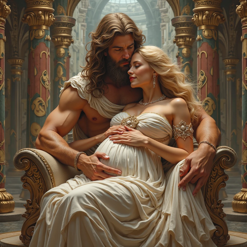 (masterpiece, highest quality, official art, beauty and aesthetic:1.5), oil painting by Leonardo da Vinci and Alfons Maria Mucha, perfect anatomy, two gorgeous and stunning pale-skinned young pregnant goddesses is deeply in love with each other, kiss, fantastic make-up, jewelry, romantic atmosphere, flower and moon, magnificent panorama view