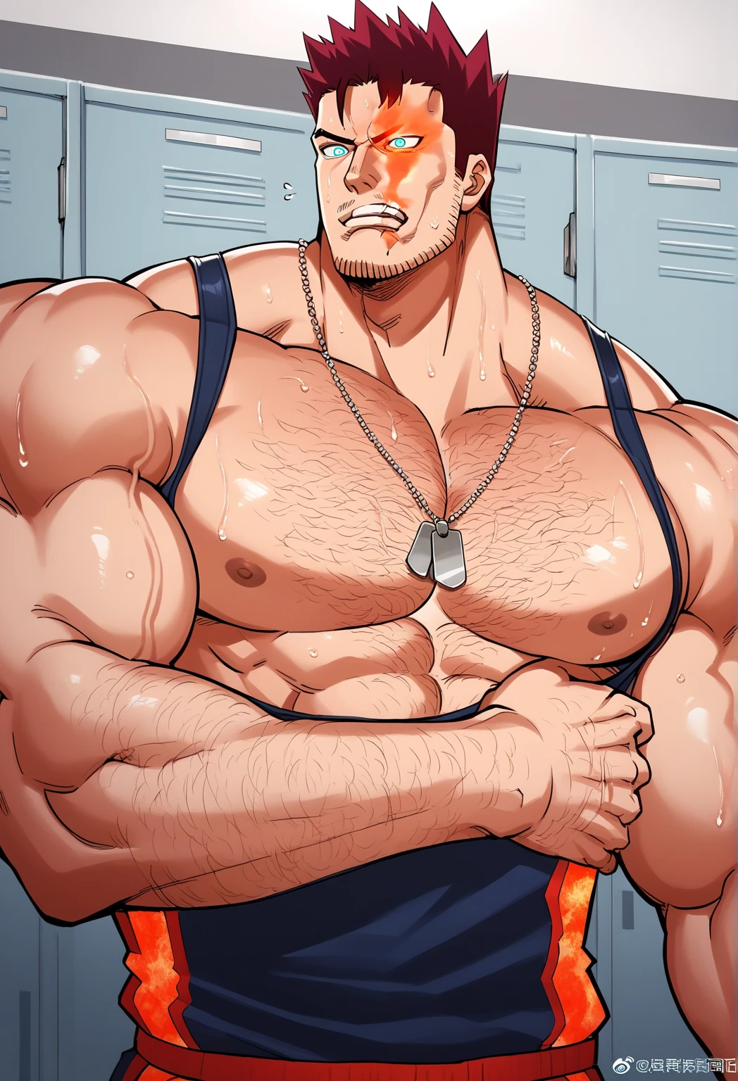 Endeavor, jockstrap mask, wrestling singlet, dog tags, beard, muscular, muscles, big biceps, broad shoulders, massive pecs, sweaty, hairy chest, glowing spiral in the eyes, blank expression, vacant stare, hypnotized, brainwashed, focused, High Resolution, locker room