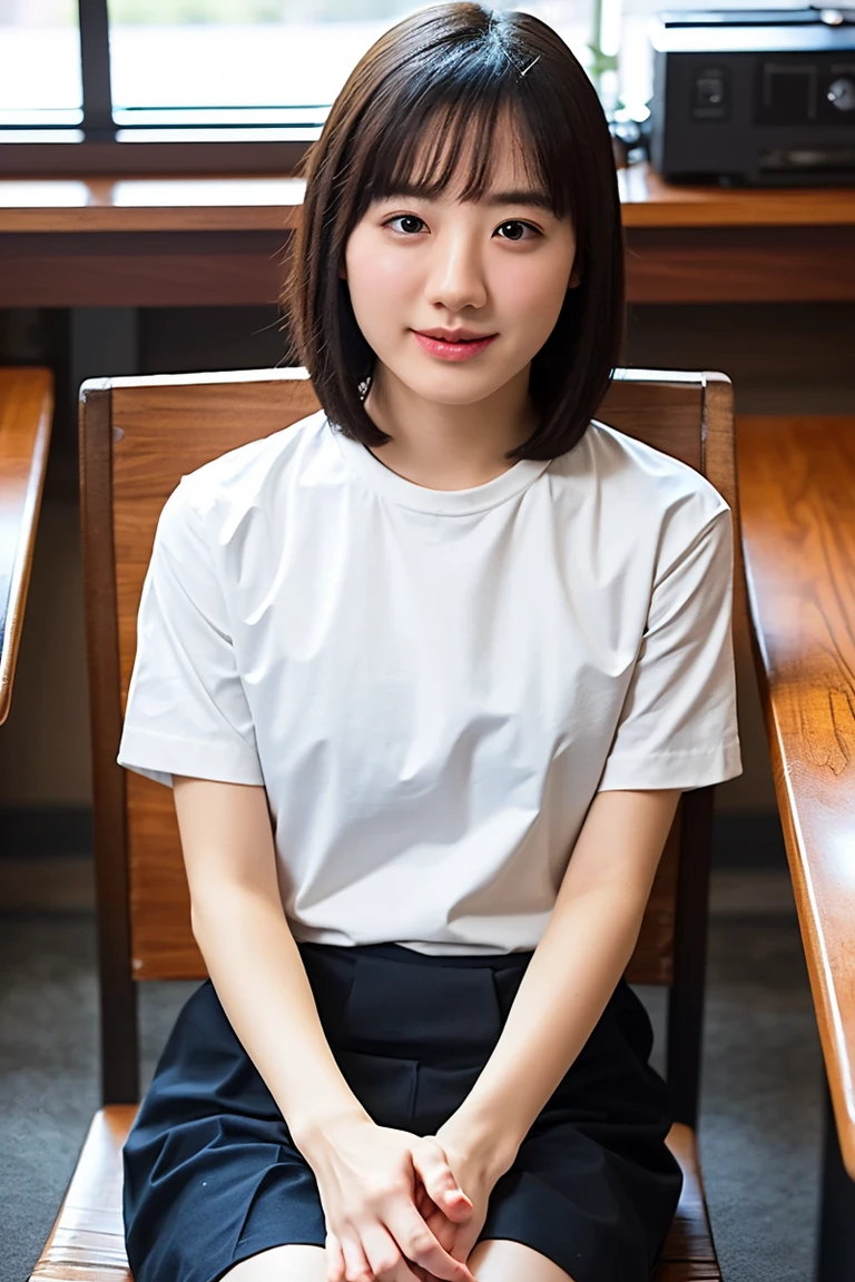 color, (masterpiece: 1.4), (highest quality: 1.4), 8K, HD, Ultra HD, 1 girl, (big: 1.4), long black hair, white clothes, black short skirt, white socks, machine, curly, blush, (Smile with joy), ((put your hand on your crotch)), classroom, blackboard, ((machineに座っている)), (((masturbation)) Open your legs and bend your knees, show me your crotch, sexy panties, bob cut, color