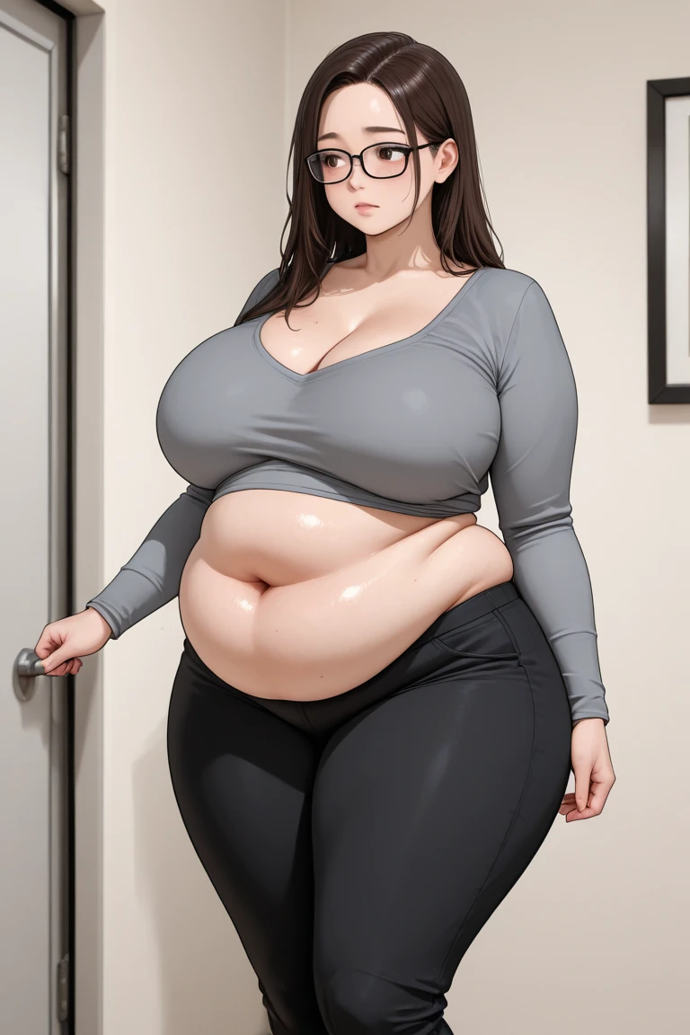 (masterpiece quality1.1), (insanely sophisticated detailed1.2), (realistic detailed beautiful face1.3), (1girl), beautiful face, RAW photo, best quality, high resolution, (masterpiece), Lara Croft, POV, messy brunette hair tied back, skintight gray tank top, skintight beige cargo pants, standing in temple corridor, ((massive belly)), ((incredibly overstuffed belly)), (photorealistic:1.4), dynamic volumetric lighting, professional photography, sharp focus, HDR, 8K resolution, beautiful angular face, high rating, intricate detail, sophisticated detail, depth of field, detailed soft eyes, big eyes, chubby, soft fat, smooth skin, tight clothes, undersized clothes, (correct anatomy1.6), ((hyper swollen belly1.5))