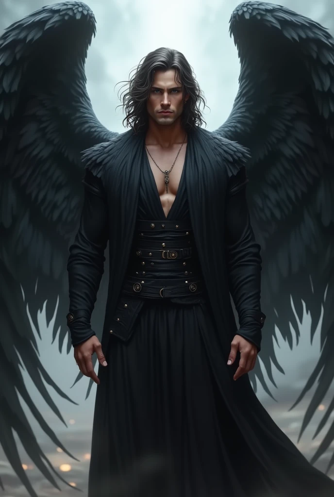 a male fallen angel,Very handsome evil face,long black hair,top down view,The momentum of dominating the world,myth,legend,flight,whole body,High resolution,Super sharp,8k,masterpiece