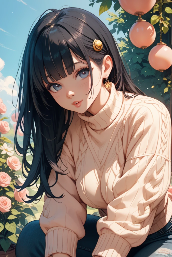 1 girl, bright blue hair, orange sweater, outdoor, long hair, breasts, smile, detailed face, beautiful detailed eyes, beautiful detailed lips, extremely detailed eyes and face, long eyelashes, (best quality, 4k, 8k, highres, masterpiece:1.2), ultra-detailed, (realistic, photorealistic, photo-realistic:1.37), portraiture, vibrant colors, natural lighting, warm tones, large breast, sensual Perfect body.