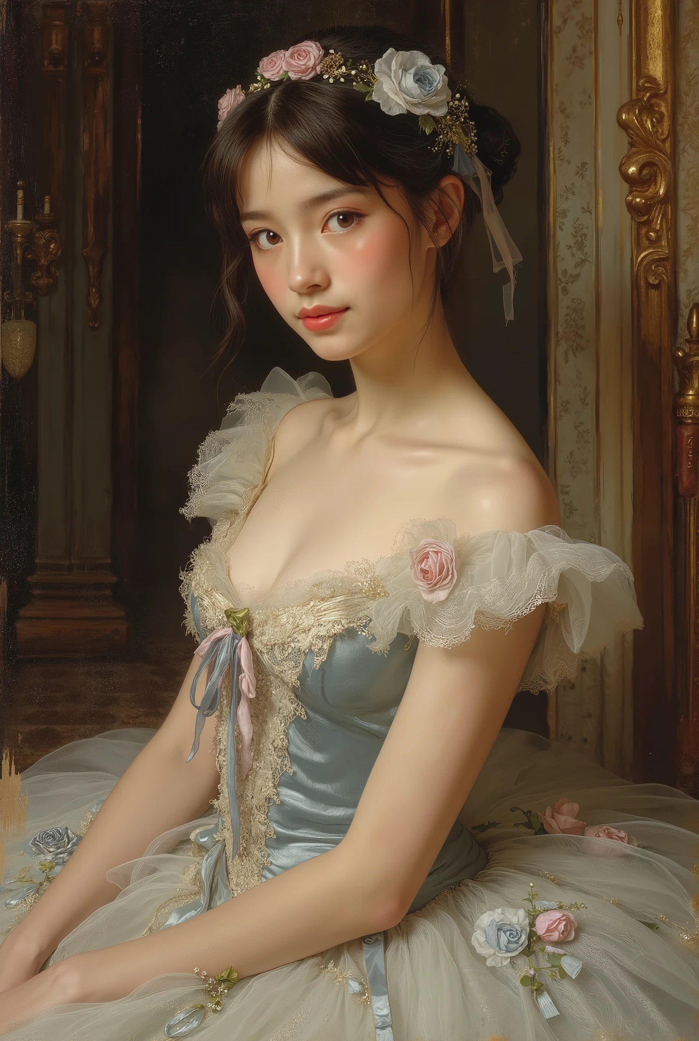 A portrait of a beautiful ballerina in 19th-century France. She has delicate and refined facial features, fair translucent skin, large expressive iridescent eyes, and a graceful smile. Wearing a classic ballet tutu made of soft silk and lace, adorned with ribbons and floral rose decorations. The dress is in light blue or pale pink. She poses elegantly on the side of the stage or in an opulent ballet theater. Oil painting style, inspired by 19th-century Impressionism and Academic art, with soft brushstrokes, warm light, and a romantic atmosphere. hyper detailed moist skin texture,