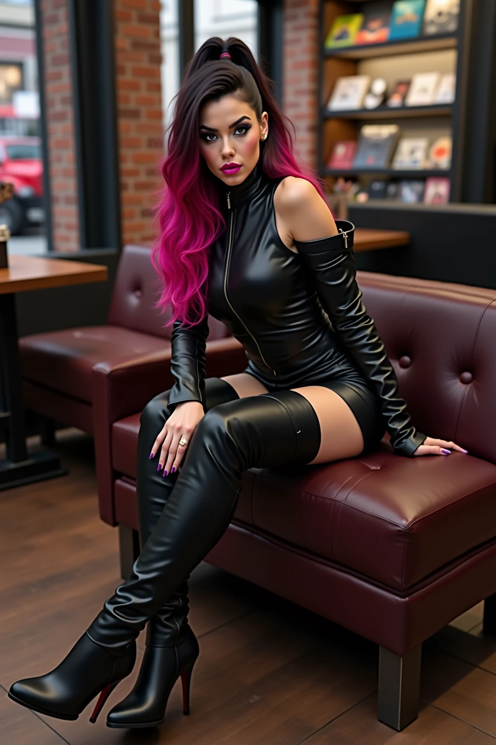 Full lenght, pink hair, narrow face, grey eyes, girl, 18 years old, slim figure, almond-shaped eyes, button nose, full lips, european appearance, ultra highly intricate detailed, black eyeliner, leather bodysuite, over knee boots, looking at the camera, professional photography, ultra sharp focus, very beautiful, naked