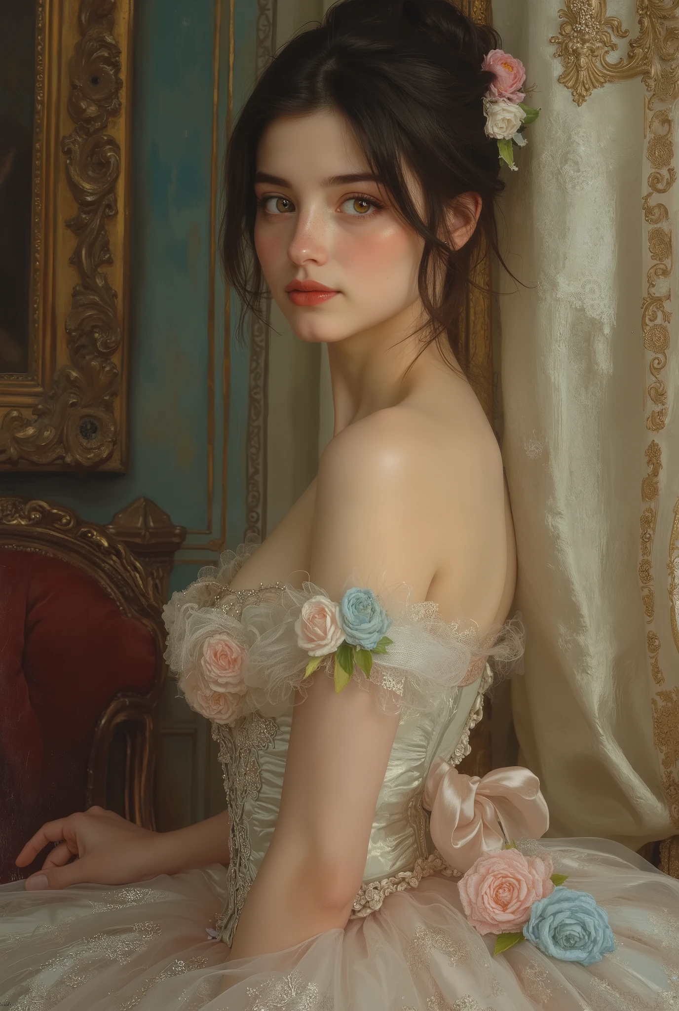 A portrait of a beautiful  ballerina in 19th-century France. She has delicate and refined facial features, fair translucent skin, large expressive iridescent eyes, and a graceful smile. Wearing a classic ballet tutu made of soft silk and lace, adorned with ribbons and floral rose decorations. The dress is in light blue or pale pink. She poses elegantly on the side of the stage or in an opulent ballet theater. Oil painting style, inspired by 19th-century Impressionism and Academic art, with soft brushstrokes, warm light, and a romantic atmosphere. hyper detailed moist skin texture,