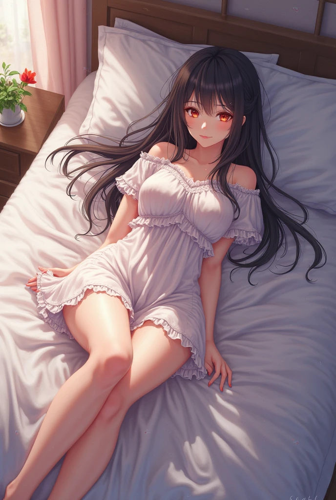 (Realistic:1.3), (photoRealistic:1.2), (masterpiece:1.2), (highest quality), (Detailed skin:1.3), (Intricate details),
One woman, 19 year old,
angle from above,
Detailed skin texture, (blush:0.8), (Ultra High Definition Face:1.2), (((both eyes are closed))), (open mouth), ((raise chin))
Brown Hair, medium long hair, Calm hair, bangs, Hair between the eyes, Hair volume is low,
Two legs, Two arms, Two joints in the fingers,
(Depict from chest to head:1.3),
(Wearing one piece skirt dress with fine lace), Sleeveless, Clothes with open upper chest, (pastel color dress), ((red g-string panty)), thongs, knee length skirt, Flip-up skirt,
(On the bed with white sheets),
((fully lying position)), ((she is lying on the bed)), ((lie on the bed With legs apart)), (big boobs), (hands in crotch:1.3)