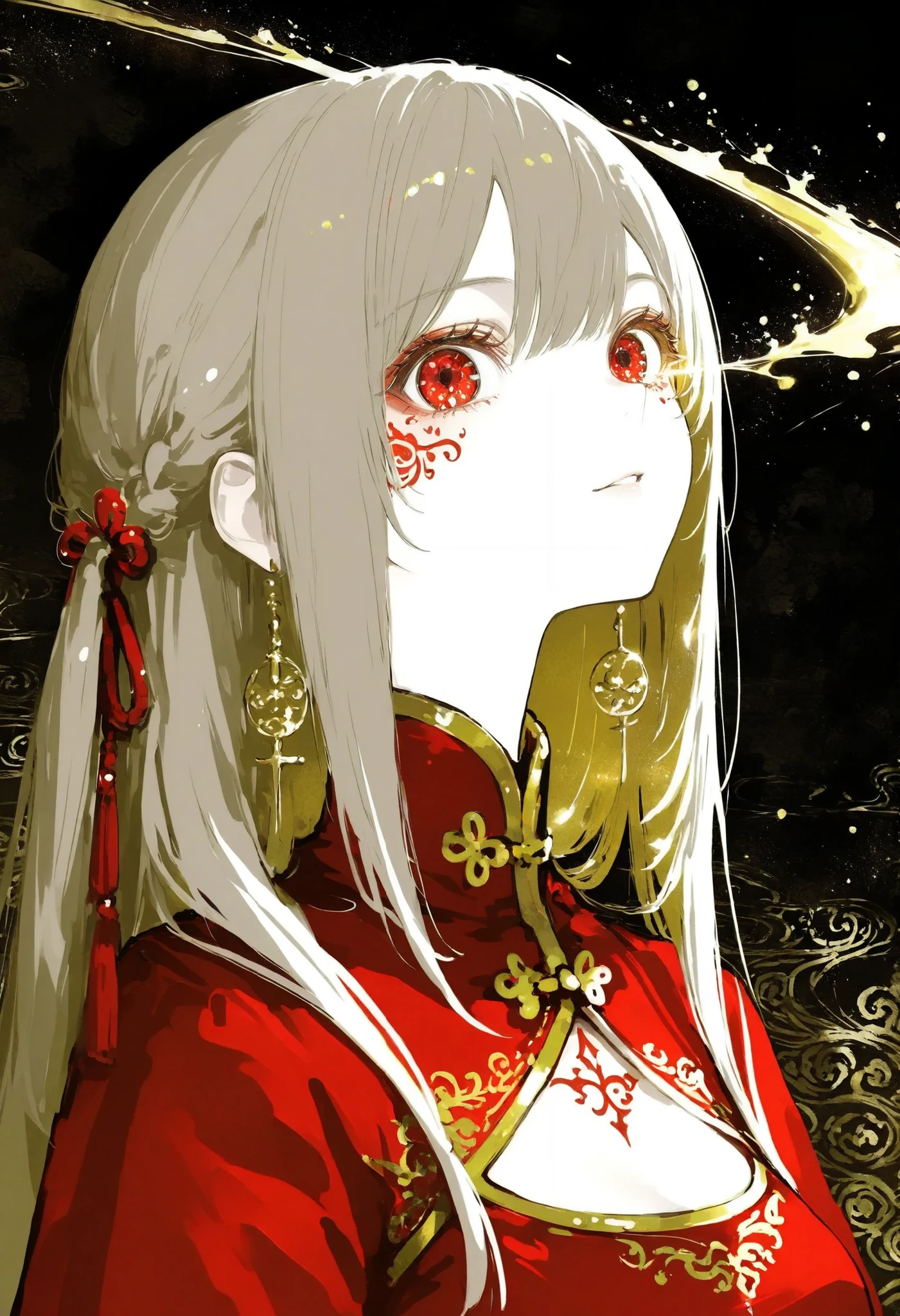 dynamic angle, in the style of ck-mgs, nistyle, Special Ink-drawing mode, intricate linework with expressive contrasts, Mh1$AgThS2, Inkplash art on rice paper, sepia, henna , Silhouette Art, magnificent, dark background, inksplash closeup side portrait of stunning japanese woman, gold and red cheongsam, light hitting one side of face, abstract traditional japanese art background suggesting a shinto temple
BREAK masterpiece,best quality,amazing quality,aiu2,photorealistic,high-resolution,newest,detailed clothes,illustration,official art,art style,fantasic illustration,Beautiful detailed eyes