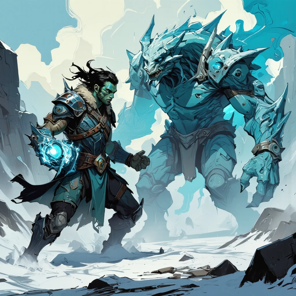 there is a man sitting in the snow with a giant monster behind him, frost giant, inspired by Jakub Rozalski, by Slawomir Maniak, inspired by Gregory Manchess, greg manchess, swamp monster of ice, inspired by Heinrich Kley, epic elder scrolls art, jeffrey jones, concept art for a video game, stefan koidl inspired
