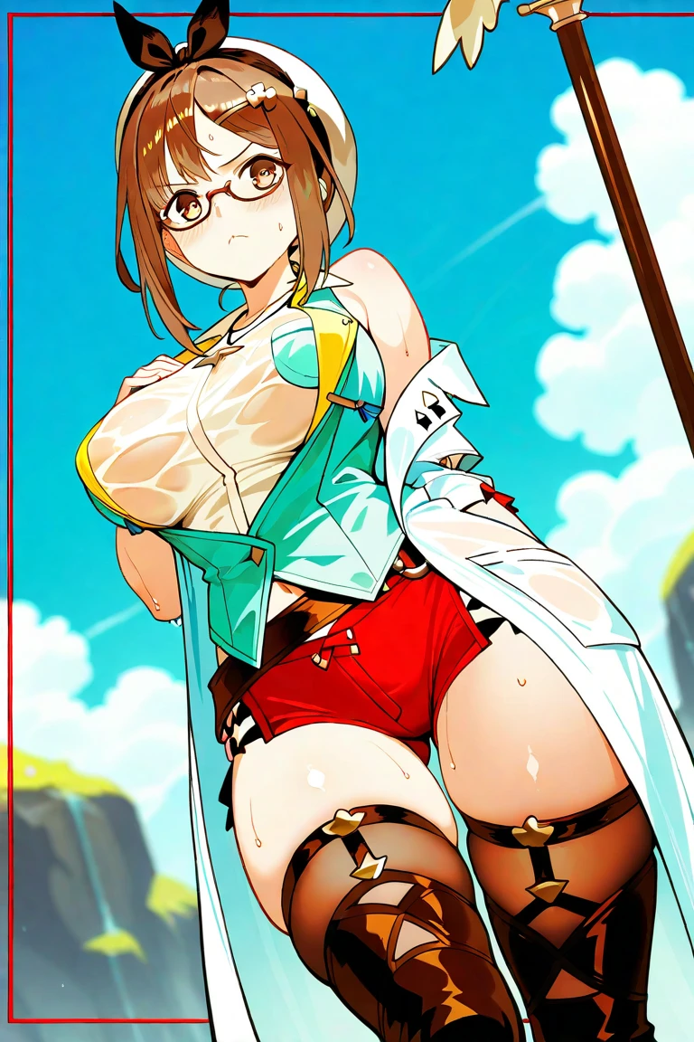 Photo of a mature malay female with saggy breasts (((running))) on (((the street))), (((night time))), 40yo, busty body, tall body, (tanned skin), dimples, light, detailed face,((panic face, closed eyes open mouth & scream)), (((hands raised up))), big breast, perfect breast, natural breast, G Cup, (((short white hijab, glasses))), (((torn white cotton bra, torn white cotton panties))),(((((pee, squirting)))))