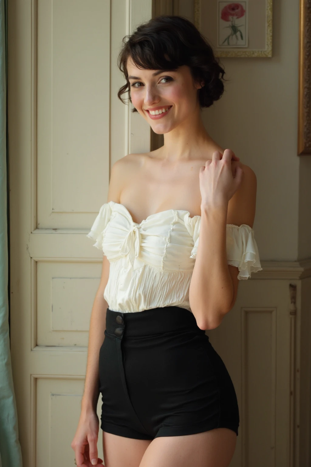 A 21 year old girl named Kate with short brown hair, beaux seins de taille moyenne, et une hauteur de 1.60 meters. Elle a un style blanc britannique et des yeux bleu clair. Kate est belle, with an angelic face and freckles around the nose. Elle porte un short, strapless dress with fitted bodice and flared skirt. This style highlights Kate&#39;s shoulders and waist. La robe a un imprimé blanc joyeux et accrocheur. The neckline is a heart-shaped strapless design., add a romantic and elegant touch to the dress. Kate is at the beach, montré dans un portrait de face, flirt with the camera and smile, with the sea in the background on a beautiful day with a cinematic sunset.
