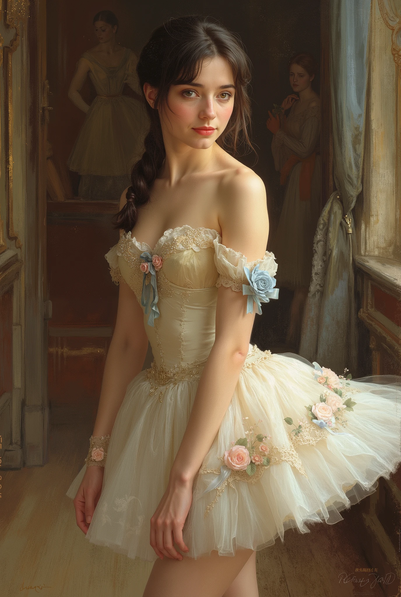 A portrait of a beautiful ballerina in 19th-century France. She has delicate and refined facial features, fair translucent skin, large expressive iridescent eyes, and a graceful smile. Wearing a classic ballet tutu made of soft silk and lace, adorned with ribbons and floral rose decorations. The dress is in light blue or pale pink. She poses elegantly on the side of the stage or in an opulent ballet theater. Oil painting style, inspired by 19th-century Impressionism and Academic art, with soft brushstrokes, warm light, and a romantic atmosphere. hyper detailed moist skin texture,