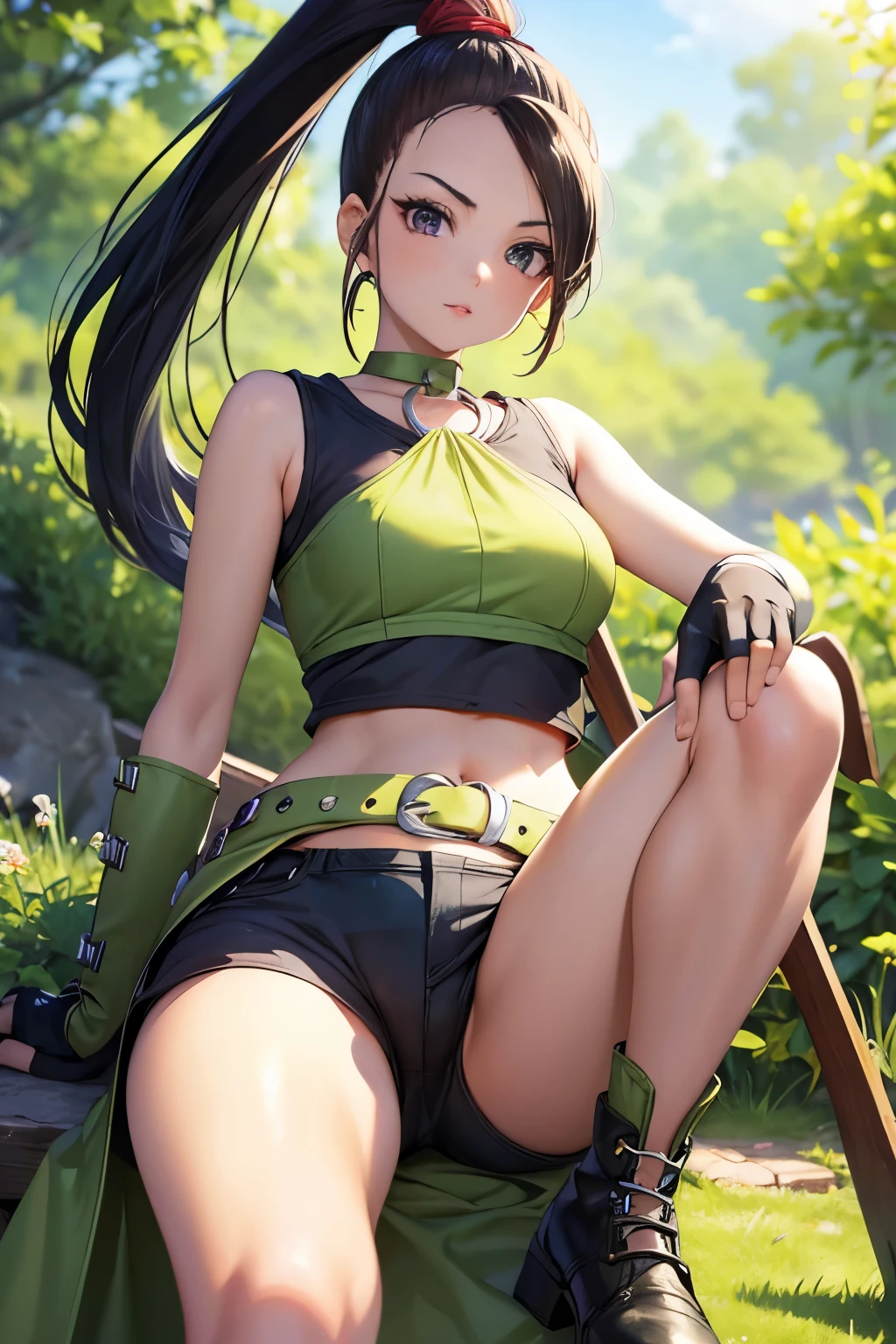 (8k, raw photo, masterpiece, extremely detailed, best quality, professional lighting, high res), BREAK beautiful and adorable girl, jade (dq11), o-ring top, purple eyes, sharp eyes, bangs, black hair, long hair, ponytail, hair scrunchie, crop top, green shirt,  shoulders, sleeveless, green choker, navel, grown up looks, fingerless gloves, green belt, short shorts, waist cape, knee boots