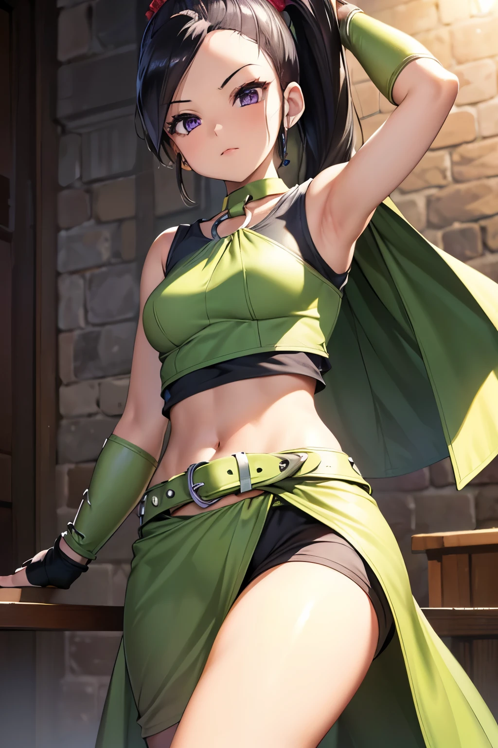 (8k, raw photo, masterpiece, extremely detailed, best quality, professional lighting, high res), BREAK beautiful and adorable girl, jade (dq11), o-ring top, purple eyes, sharp eyes, bangs, black hair, long hair, ponytail, hair scrunchie, crop top, green shirt, bare shoulders, sleeveless, green choker, navel, fingerless gloves, green belt, short shorts, waist cape, knee boots