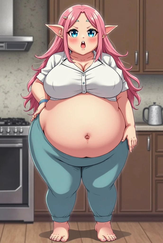Master, high quality, best quality, beautiful, HD, perfect lighting, (detailed face), (detailed body), ((1girl)), ((solo)), (((chubby))), ((fat)), ((tummy bulge)), ((((big belly)))), plump, belly, she has gained weight, modern house, kitchen, (stretched out belly), ((full belly)), (((bloated))), long white hair, (fluffy hair),flowing hair, ((hair covering one eye)), pink eye, smile, turquoise hoodie, orange pants, red sneakers