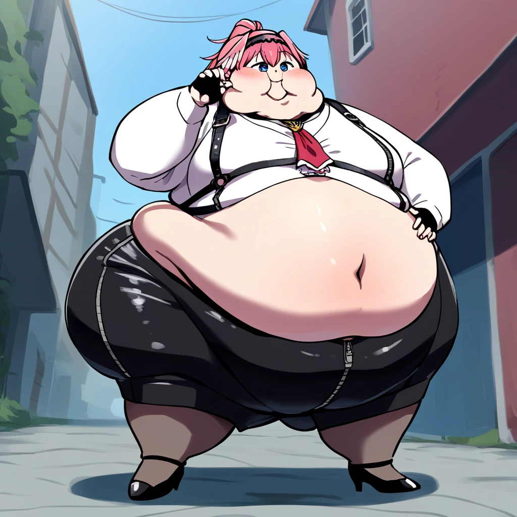 ((Detailed face and eyes:1.4))he has a jiggly fat round belly, thicc, ((his belly is fat and round, obese)), big belly, fat belly, extremely fat, fat man, strong fat bacchanalian body, obese, oppai proportions, small curvy ((one person:2.0)),anime,(Male) ,( handsome), (Nakahara Chuuya from Bungou Stray dogs), ((Grey vest,white shirt, black jacket oves the shoulder, Black fedora:1.6)), ((bacchanalian body)),((huge fat thighs, immensely inflated Hips:1.9)),((Proportionally large arm and Legs:1.3)), ((chubby cheeks, double chins fat face)),((high quality:2.0)), ((Huge butt:1.9) pose((right hand on hip)) expression ((Devious smirk ))
