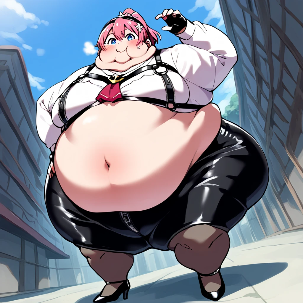 1girl, top heavy figure, (((incredibly big chest))), ((saggy chest)), plump, incredibly plump, ((big belly)), (((big tits))), pout, embarassed, wide, (((obese))), (((fat))), ((love handles)), double chin, out of shape, obese, fatty, tall woman, big bossom, ((milf)), big height, mature, standing, full body, bbw, ssbbw, takane lui, hair wings, blue eyes,hair between eyes, pink hair, long sleeves, necktie, collared shirt, coat on shoulders, dress shirt, black pantyhose, black gloves