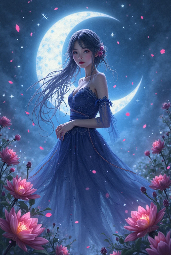 paint (strokes)+, atmosphere, nature scenery, aspect ratio 1:1, raytracing, Bokeh, smooth, (colorful), (detailed complex busy background: 0.8), fantasy flowers, (night:1.4), intricate details, beautiful glitters, flat illustration, detail love, (ultra-detailed), photon mapping, ((intricate details)), (big pink moon)
