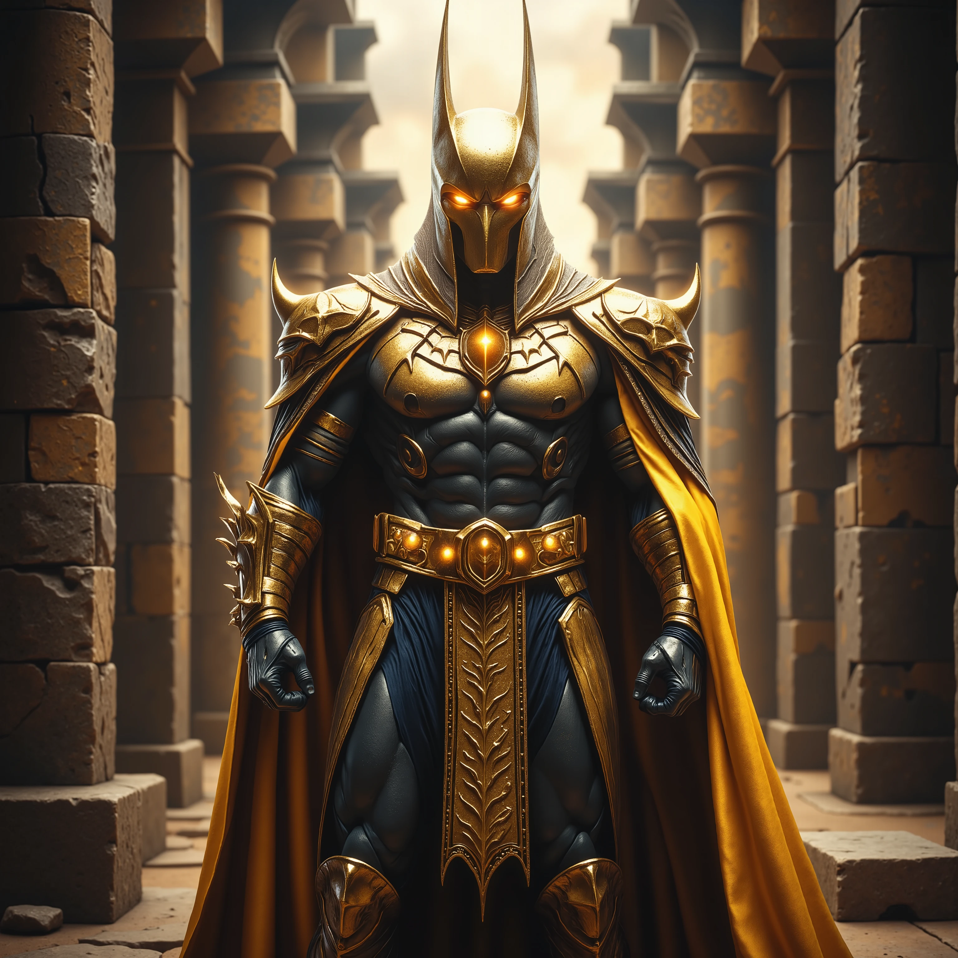 Hyper-realistic, Ultra-detailed, High-Resolution, Masterpiece, Depth of Field. Imagine a waist-up shot of Batman depicted as an ancient egyptian god. Donned in golden futuristic segmented armor inspired by ancient Egyptian god. Made of futuristic metal and segmented to allow for dynamic movement. His eyes glow as his suit draws in the golden power of Ra. Include Egyptian god elements in his armor. Put him in an intimidating dynamic pose that showcases his godliness. A dynamic Egyptian ruin in the background.