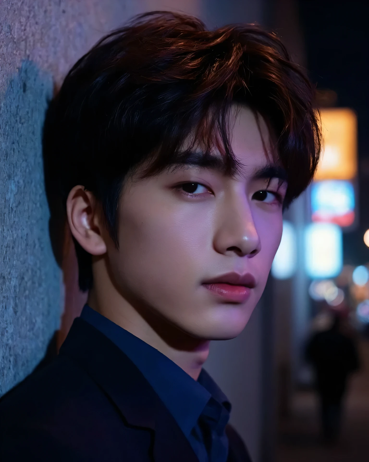 (very realistic pictures, concentrate, high definition, detailed faces, detailed hair, fine grain), ((Shooting in front of a wall)), Japanese man, 27 years old, 1 boy, only 1 person in the picture, Natural look, realistic, handsome, 183cm tall, crisp and smart feeling, wearing a suit with a slightly rough, casual touch, short hair, sharp eyes that exude gentleness, slight shadow on the face, a reliable presence, highlighting the vibrancy of Tokyo nightlife, vibrant neon lighting against a dark background, natural pose, standing casually (no arms around the shoulders), intense neon lights creating dynamic, colorful shadows across his face, cinematic atmosphere, high-end street fashion vibe --ar 3:4 --style raw --stylize 250