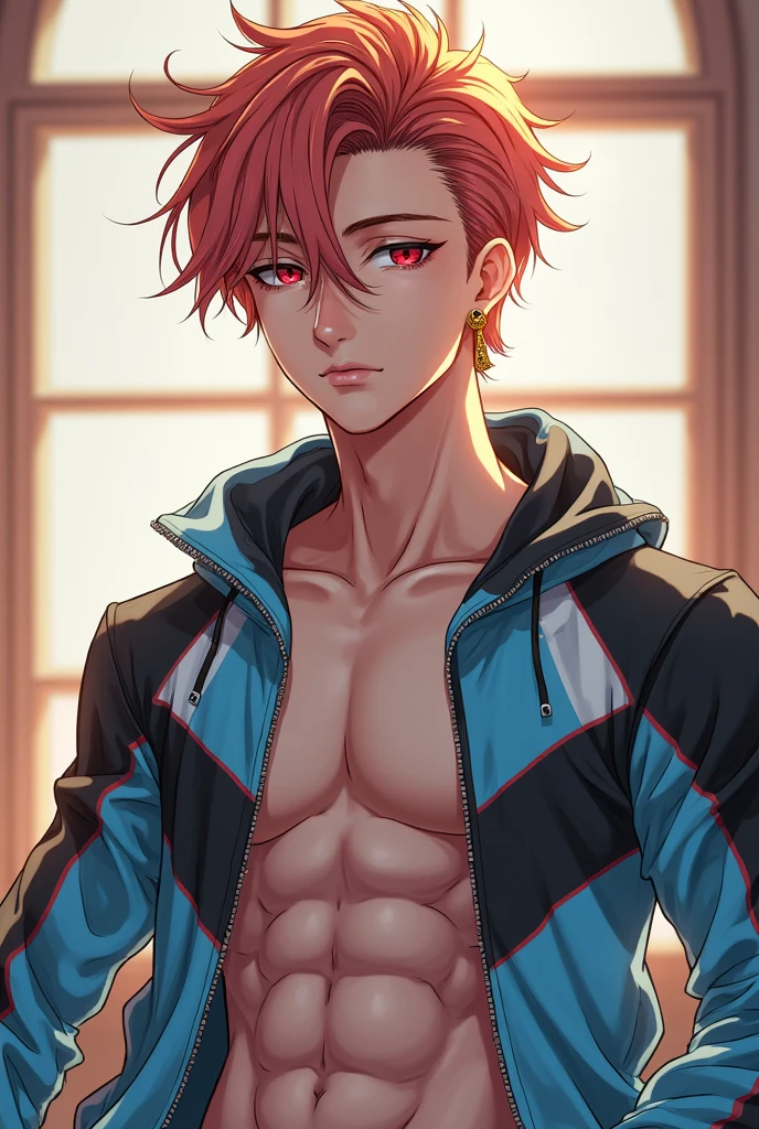 Anime guy gymnast shirtless Muscular With pink hair 20 years old