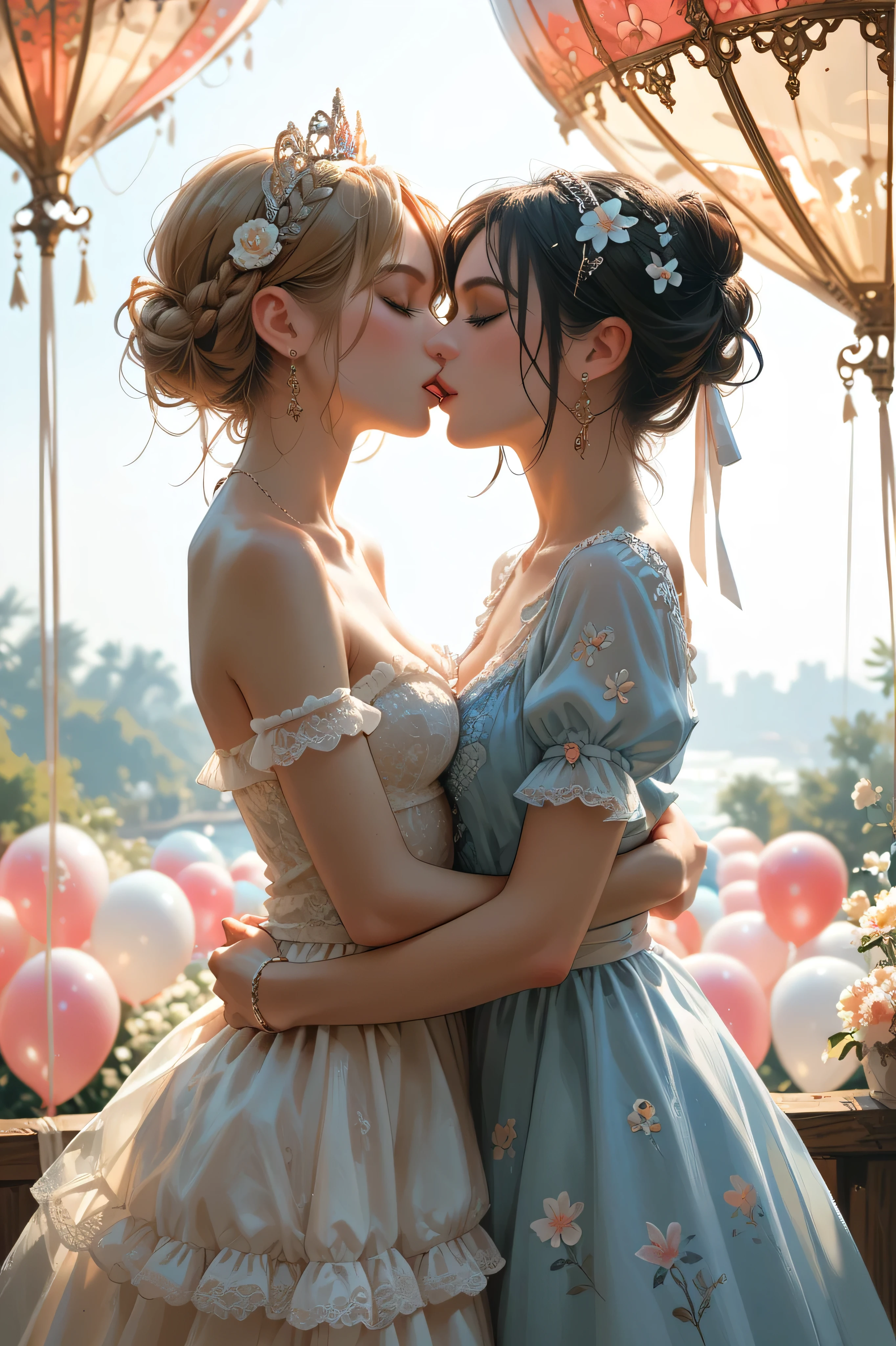 Ladies kissing as air balloons rise into the sky.