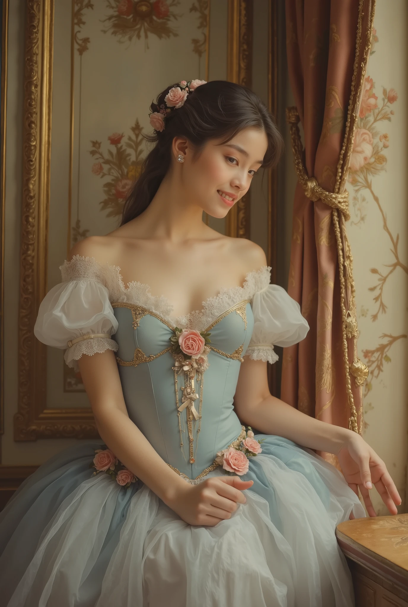 A portrait of a beautiful 18-year-old ballerina in 19th-century France. She has delicate and refined facial features, fair translucent skin, large expressive eyes, and a graceful smile. Wearing a classic ballet tutu made of soft silk and lace, adorned with ribbons and floral rose decorations. The dress is in light blue or pale pink. She poses elegantly on the side of the stage or in an opulent ballet theater. Oil painting style, inspired by 19th-century Impressionism and Academic art, with soft brushstrokes, warm light, and a romantic atmosphere. hyper detailed moist skin texture,