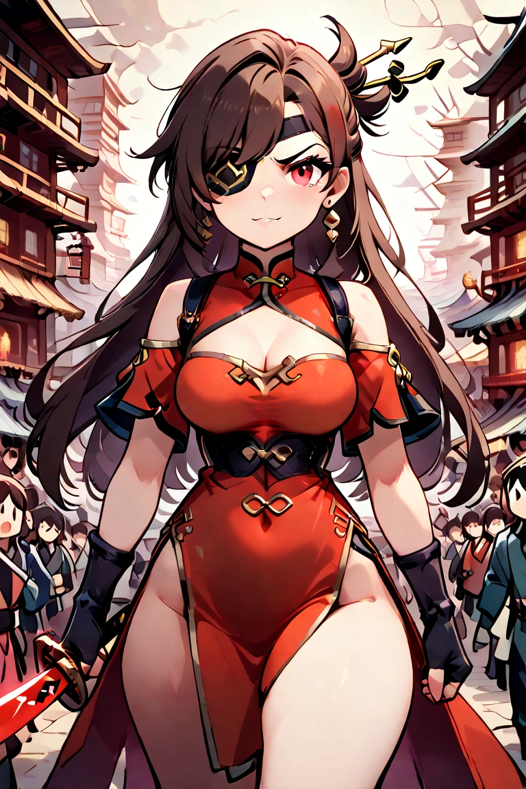 Browsing Caution, masterpiece, Insanely hot (Woman 1) Sexy, (((Cute pose)), (Thick thighs), (Fearful expression), Blushed, Red eyes,  Brown Hair, Very large breasts, From below, Eye patch, Medieval Tavern, Beer , panties, abdomen