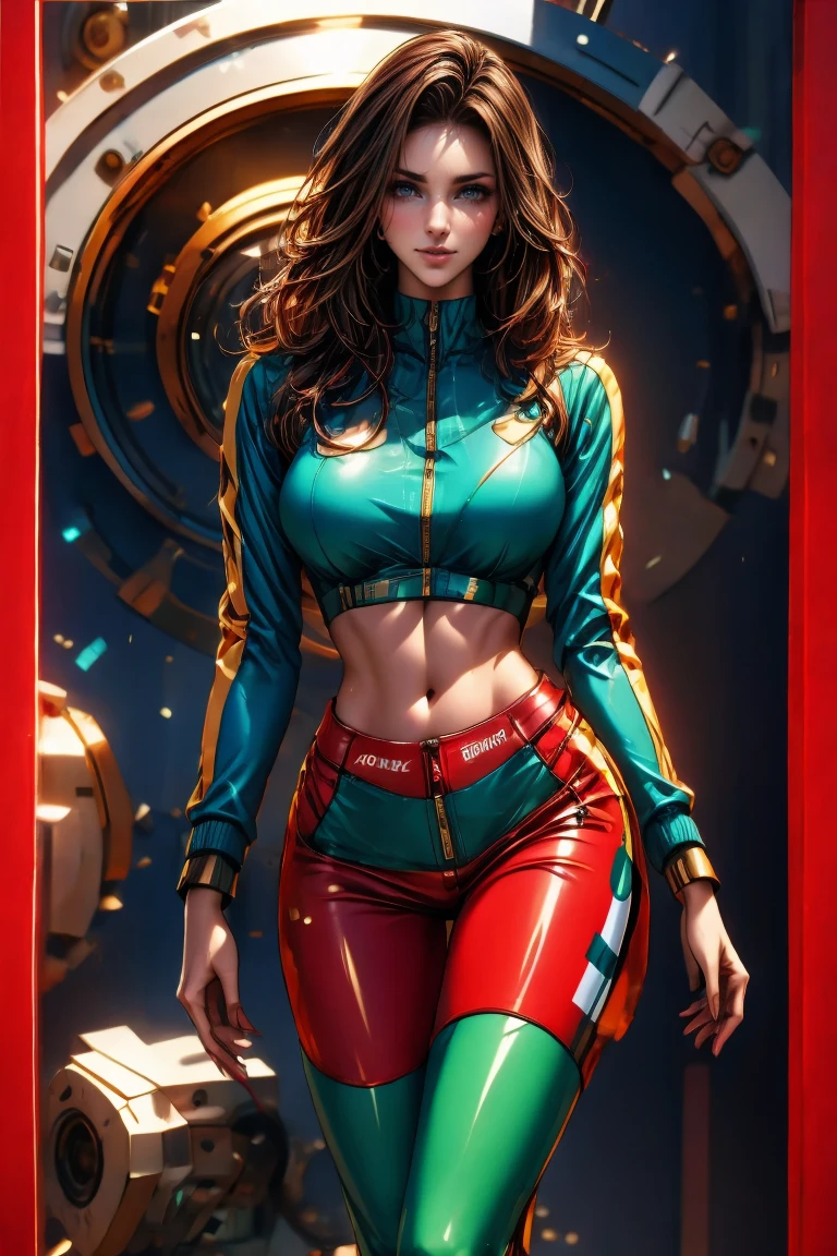 supermodel physique, perfect body, perfect clear skin, ultrarealistic, hyperrealism, photorealistic, ultra quality, masterpiece, high quality, beautiful, sexy face, pretty, slightly toned, fit, supermodel build, 3/4 body view, sexy waist, sexy hips, perfect legs, thigh gap, rogue, 1girl, solo, blush, wavy hair, multi colored hair, pink and grey top, pink and grey bottom, dynamic angle, high quality eyes, beautiful eyes