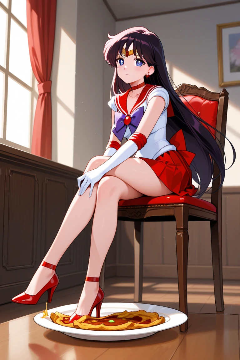score_9, score_8_up, score_7_up,score_6_up, score_5_up, score_4_up , 1girl, solo, aamars, long hair, (((black hair))), tiara, earrings, red choker, red sailor collar, white shirt, elbow gloves, white gloves, pleated skirt, red skirt, bare legs, aamercury, short hair, blue hair, tiara, earrings, blue eyes, 5 toes, red toe nails, tied ankles together, tied arms, sit on a chair,with no shows,