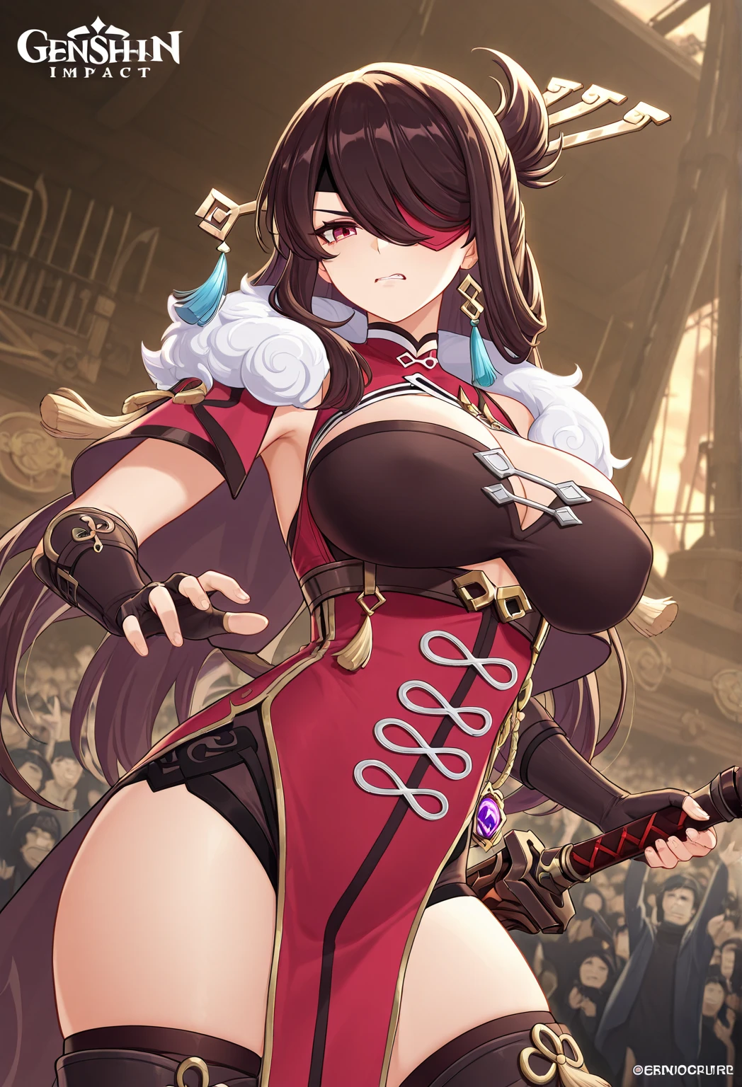 work of art: 1.2, ((guilty equipment: Effort game)), ((Baiken character)), 1 women, (best qualityer), (Actual image, details Intricate, Depth of field), make up, parted lips, highy detailed, face perfect, usando um eye patch over left eye, (Breasts huge: 1.8), (cutaneous dentition), attractive waist, High Gloss Coral Lips, moderate musculature, toned abdomen, Beautiful navel, (extra long high dark brown ponytail: 1.2), (white ribbon on hair) (beautiful shiny black eyes), face ornament, sexly, (dressed in a kimono in shades of red, white and black), (Fundoshi Feminino), ( white feminine backgrounds), confident, strong expression, peaceful atmosphere, huge cleavage, disproportionate breasts, hanging breasts, (left eye closed, eye patch over left eye), (hands on waist, left hand is hidden),