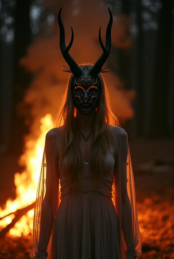 A woman with a full demon mask dances in the forest at night