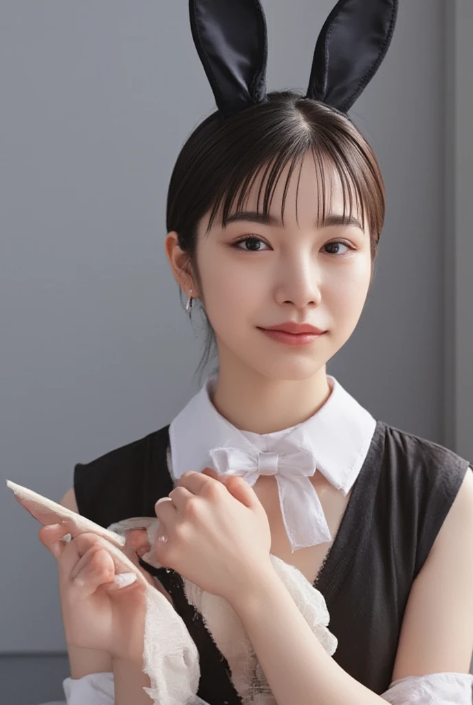 A woman wearing a navy dress、20-year-old、ponytail