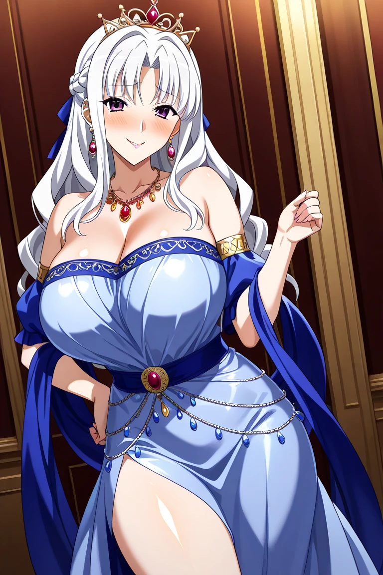 anime, masterpiece, high quality, highly detailed, sharp focus, beautiful background, cleavage, ((best quality)), ((masterpiece)), (detailed), (solo:1.4), 4k upscale, cute smile, royalty, luxury, beautiful stars, anime blushing face, (one Girl:1.5), ((1girl)), no duplicate characters, highest quality, perfect details, official anime art