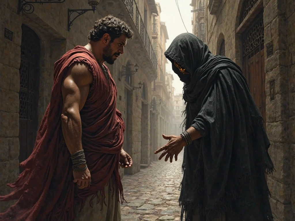 In a city escape background, a poor man and a woman are bound with chains, while a second man, holding a scale of justice in one hand, attempts to cut their chains with the other hand, realistic paint, ethiopians people wear ethiopian cloth