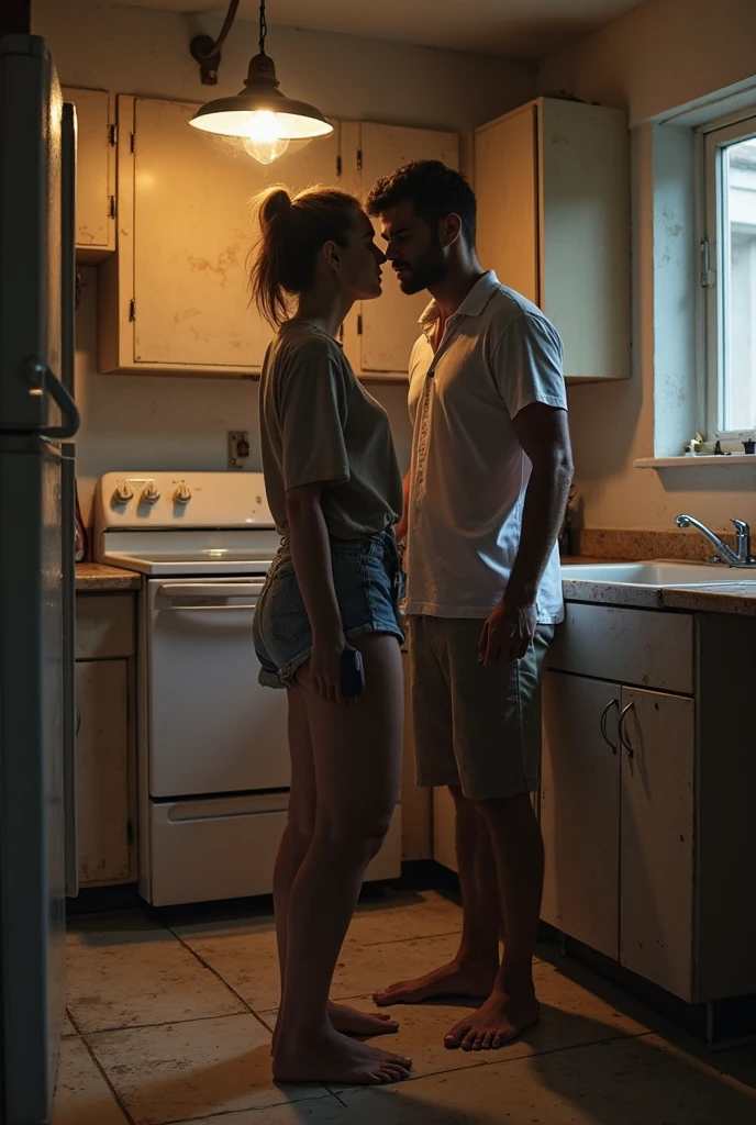 A slender blond man in a white t-shirt and loose shorts sits on the counter with his arms around his neck and his legs behind his waist. A tall man in a black t-shirt and black shorts is standing and pretending to carry someone. In the kitchen, an angled top view, dark and night-like tones, semi-realistic image. Giant size difference