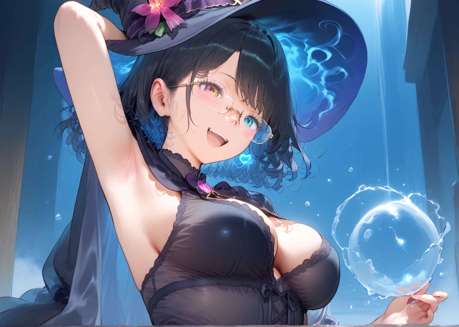 ((highest quality)), ((masterpiece)), (be familiar with), perfect face、Magical girl、young girl、I'm thin and my bones are noticeable、big breasts、blue hair、fluffy short hair、red eyes、have a magic wand、a wand with a large red gem、half naked、wizard's hat、wide brimmed hat、Round big glasses、pure white skin、black robe、