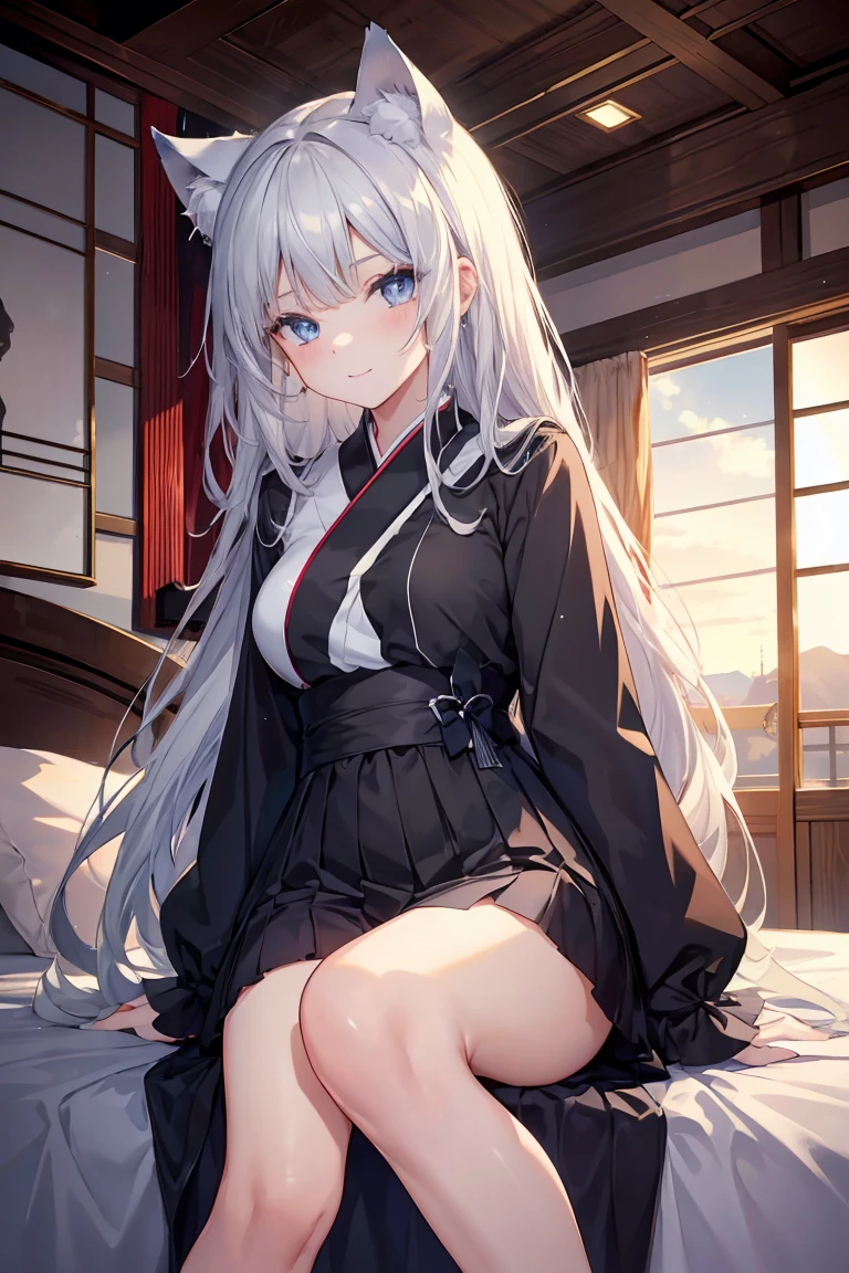 Gray Hair, cat collar black, Star-shaped pupil, 美しいAttention to detail目, blue eyes, Jewel-like eyes, , belly button, Japan Girls Room, Girl on bed, first field view, Ahoge, Hair that falls over the shoulders, Very long hair, very thick hair,Hug your feet, Beautifully detailed jewel leather color, Animal ears, smile, Embarrassing, blush, Attention to detail, anime, Romanticism, Shine, silhouette, Depth of written boundary, 超High resolution, retina, masterpiece, Accurate, Anatomically correct, Textured skin, Super Detail, Attention to details, Awards, 最high quality, High resolution, high quality, 16K、Small accessories