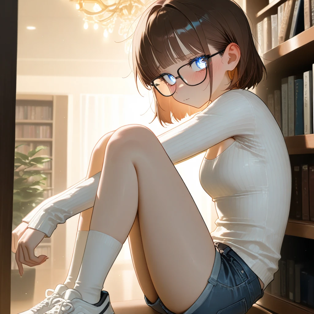 (original), (masterpiece) , (best quality) , (reality:1.3) , photorealistic, Octane rendering, (surreal:1.2) , perfect features,1 girl, colorful,translucent hair, (glowing inner hair),the perfect appearance,brown hair,green eyes,expressionless,sit,book on hand,glasses,short hair,(In the library),looking at viewer,White T-shirt,hairpin,Focus on people,barefoot,bare Shoulder