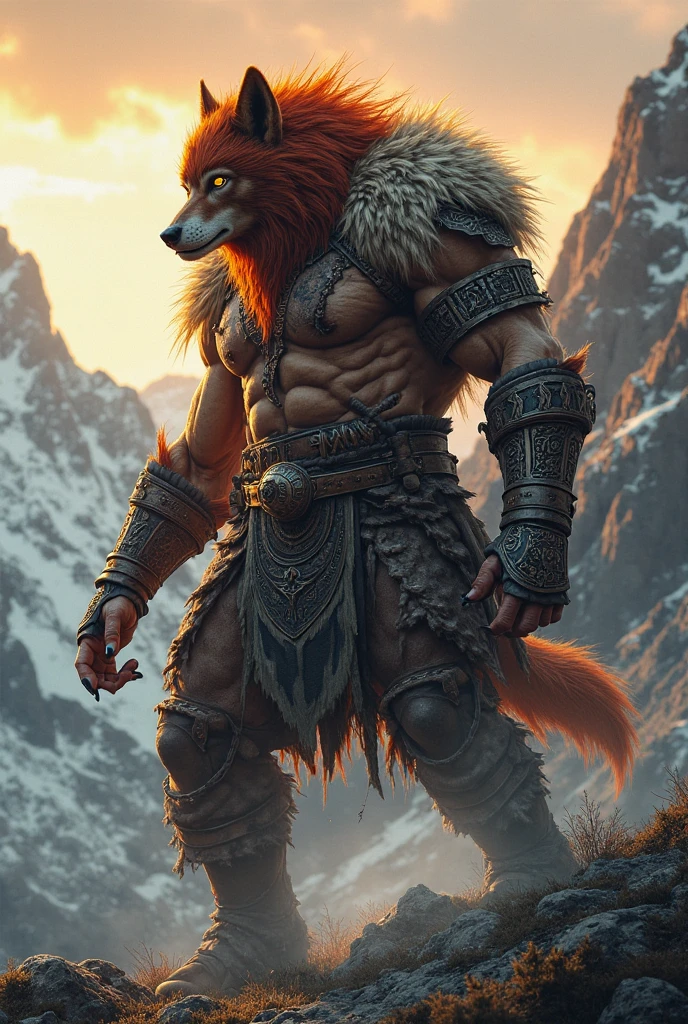 A highly detailed, muscular anthropo wolf male, wearing a barbarian outfit and wielding a giant axe, covered in sweat, powerful barbarian warrior, hyper realist, 8k, photorrealistic, cinematic lighting, swirly vibrant colors, details Intricate, work of art