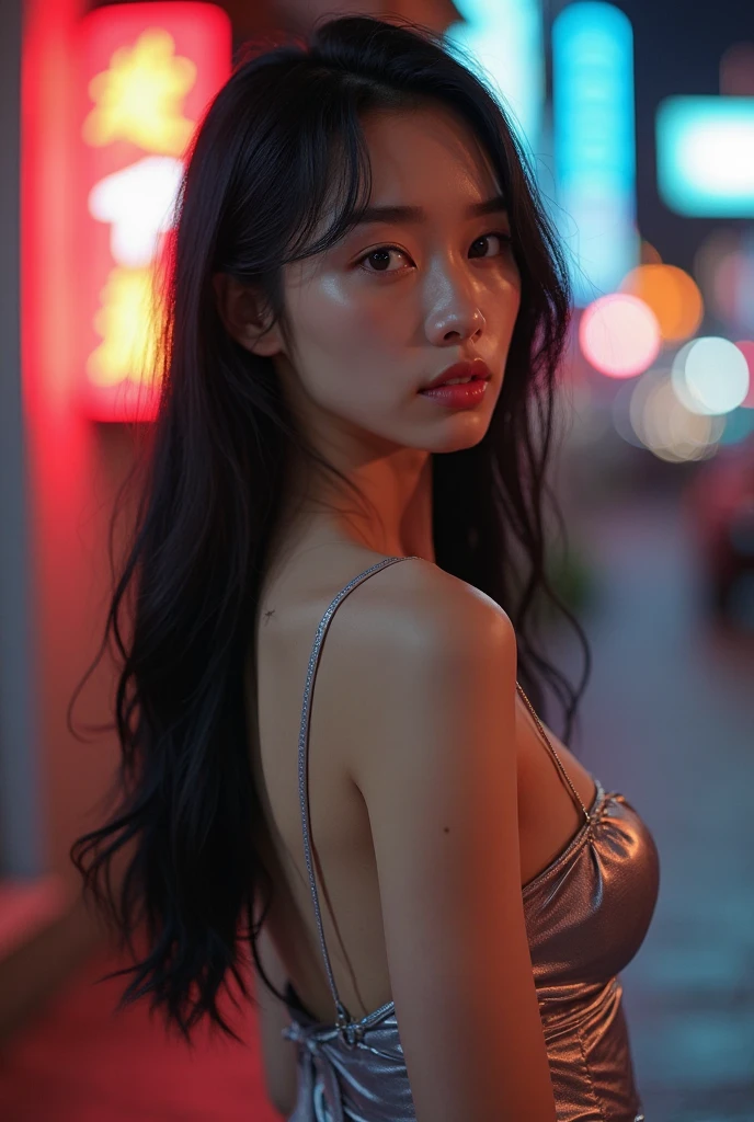 (Cinematic Aesthetic:1.4) Photo of a beautiful korean fashion model city nightLong Hair, High Resolution, Breasts, Anatomically Correct, Blush,