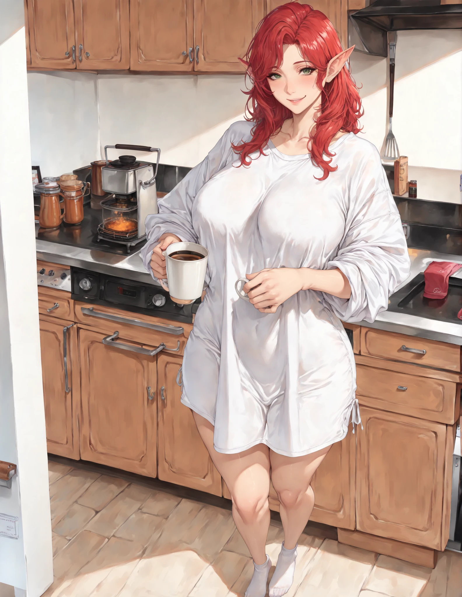 SOLO, adult woman in her 30s, milf, long red hair, long peaky elf ears,  smooth skin, absurd_dress,TakashiroHiroko, ((curvy body))((wearing !!only!! long shirt)), ((holding a cup of coffee)),perfect skin, perfect body, green eyes, cute smile, relaxed pose, cozy room, soft lighting, flawless quality, best quality, 4k,(( wearing big shirt)), (((masterpiece,best quality,extremely detailed))),solo,1girl,beautiful detailed eyes,standing in the kitchen, full body, spanish , beautirfull face, no shoes, 