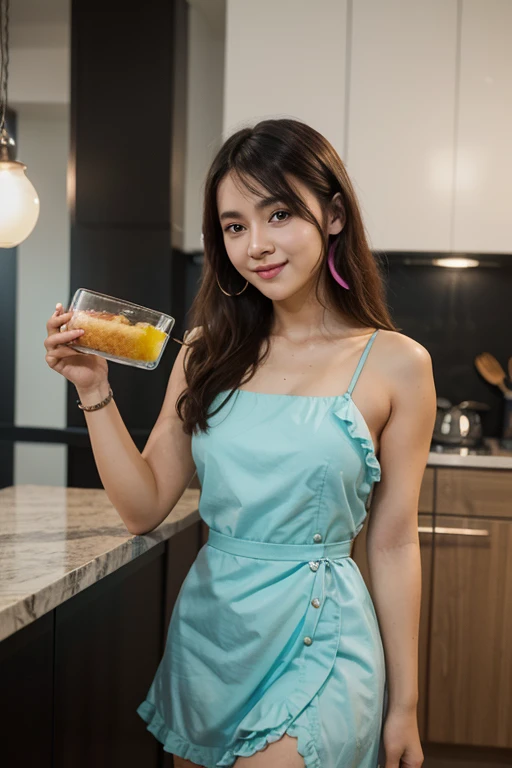 "Criar A imagem que retrata uma mulher do lar em uma cozinha ensolarada e bem organizada. She is wearing a colorful apron and has a beaming smile on her face as she prepares her own homemade kombucha.. Ao seu redor, there are glass jars with fermenting liquid and shelves full of natural ingredients, Like tea, sugar and fresh fruits. Woman is carefully measuring ingredients, pouring hot water over the loose tea leaves and adding sugar into the mixture. Ela parece concentrada e ao mesmo tempo cheia de entusiasmo. Ao fundo, you can see a large glass jar with a SCOBY colony floating on the surface of the liquid. A luz do sol ilumina a cena, destacando a vitalidade e a energia que a mulher irradia. It's clear that making kombucha is part of her healthy lifestyle and she's enjoying every moment of the process.."