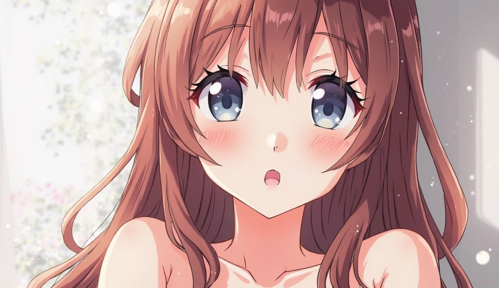 a beautiful girl with blue eyes and brown hair, one side of her hair is up with hair bobbles, she has long hair and a hair ornament, nude,naked,big tits,pussy cum,(masterpiece), best quality, expressive eyes, perfect facet quality,4k,8k,highres,masterpiece:1.2),1girl,ultra-detailed face,navel.blue water background,white stockings,