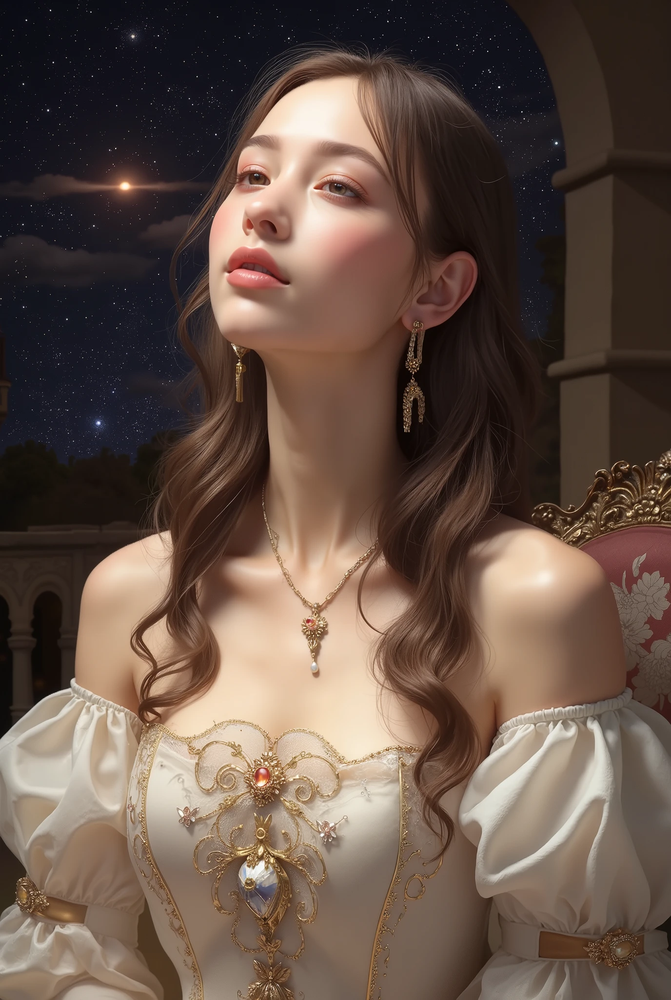  Solo Beautiful Princess , elegant,  details, pretty, hyper detailed moist skin texture, (Rubensian), (romanesque background ), (night sky), elegant  details dress, (DGTLV2、Henry Asencio、Zeen Chin、Josephine Wall、Edwin Deakinによる作品), (masterpiece), (good anatomy),