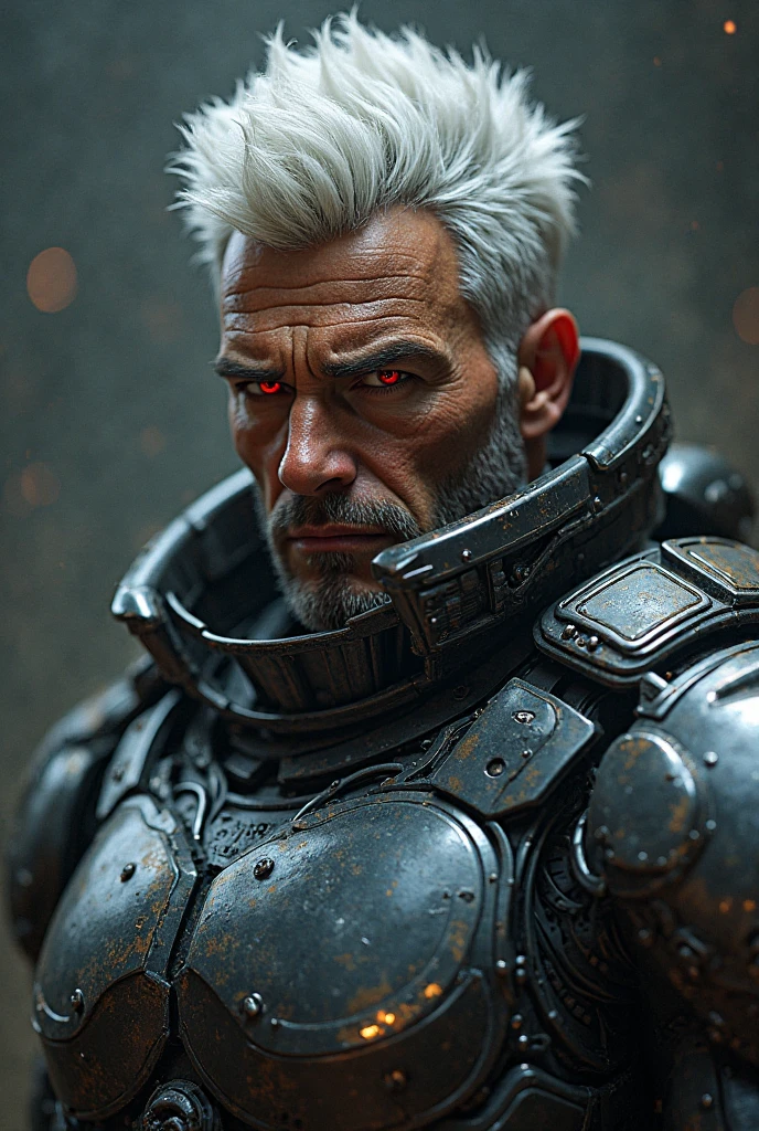 85mm，f1.8，portrait of a robot，Dark matte smooth ceramic，Complex design，The is very detailed，finely detailled，Extremely clear lines，Cinematic lighting，photograph of-realistic，A detailed masterpiece，Dark_Fantasy,Cyberpunk,( man,Red:1.1),1man,Mechanical marvel,Robotic presence,Cybernetic guardian,wearing a worn-out mech suit，white colors，iintricate，（Steel metal[rusted]），ellegance，Clear focus，Photo by Greg Rutkowski，gentlesoftlighting，vivd colour，tmasterpiece，（（the street）），cow boy shot，dynamicposes  ，Medium shot of spherical surface，Gloomy and weathered face，sbeard，silber hair：1.2），Spacesuit，（Realistic and detailed|Complex armor：1.1），（Visible face：1.3），（Realistic physiognomy|The eye|irises|The skin|Muscle tissue，Detailed skins，skin textures，Natural skin），（Holding a sword in hand：1. 2）， Frontal perspective，Homem-Imponente、stand firm，Look forward firmly，skin blemish，Natural skin wrinkles，Natural skin spots，Highly detailed clothes，rich details​，intricately details，Realistic clothes wrinkles，Cyberpunk fantasy landscape，mostly cloudy sky，Space battleship in the distant background，Radiant illumination，deep shading，dramatic scene，Dark and cool tones，Blue and gray tones， There are no other characters in the scene，detail-rich|复杂，Detailed landscapes，Volumetriclighting，（Detailed lighting），（Detailed light reflection on armor：1.1），8K，highly details，hyper HD，hdr，Realistic Facial Expression|Hairstyles --auto --s2