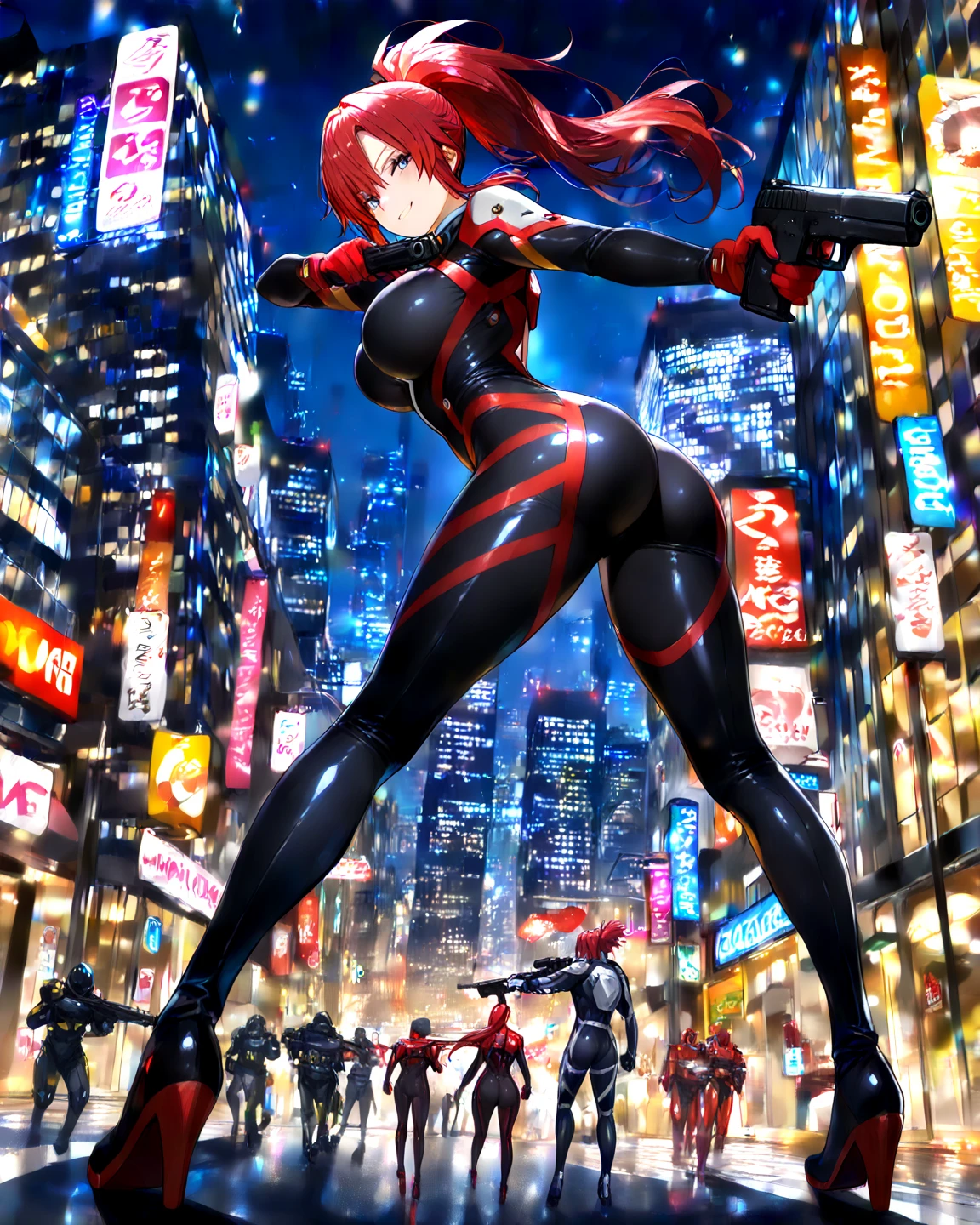 Very detailed, clear, beautiful body, Beautiful nose, Beautiful character design, perfect eyes, perfect face, very high, 4k, Beautiful legs, perfect legs, good hand, perfect hand, Masterpiece, best quality, haveรายละเอียดสูง, illustration, nonsense, perfect ???????, street fighter, doll set, Chadaloo Doll, doll set, expressionless, empty eyes, look at viewer, red gloves, Emotionless, black Latex, corruption, mind control, female warrior, full body, hypnotized, ความมึนงงที่ไม่haveความสุข, full body suit, Ribbed bodysuit, Both arms are at the sides., obey, perfect woman&#39;s body, extremely glossy Latex, hypnosis, Hipnolora, empty eyes, mind control device, Poses, give up_Pose, slave, standตัวตรง, stand, stand at attention, have, necktie, belt, Latex, Ribbed bodysuit, thigh high, garter belt, fighting posture, Extend your right arm away from your shoulder into the air with your hand straight., soldier, thigh boots, hair accessories, red hair, medium hair, conjunctivitis, (((pixel perfect, perfect detail))), alone, 1 girl, Haru Kasukabe, Tokyo&#39;s 7th sister, headband, ribbon, greet, greet, soldier greet