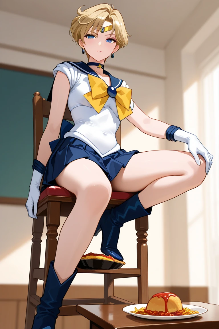 (masterpiece, Highest quality, so beautiful, Super detailed), Intricate details, 4K, mercury, short hair, Blue Hair, tiara, Earrings, blue eyes, Blue choker, Blue sailor collar, Blue bow tie, White shirt, Elbow hand pockets, White gloves, Pleated skirt, Blue Skirt, barefoot, 5 toes, blue toe nails, tied ankles together, tied arms, sit on a chair,