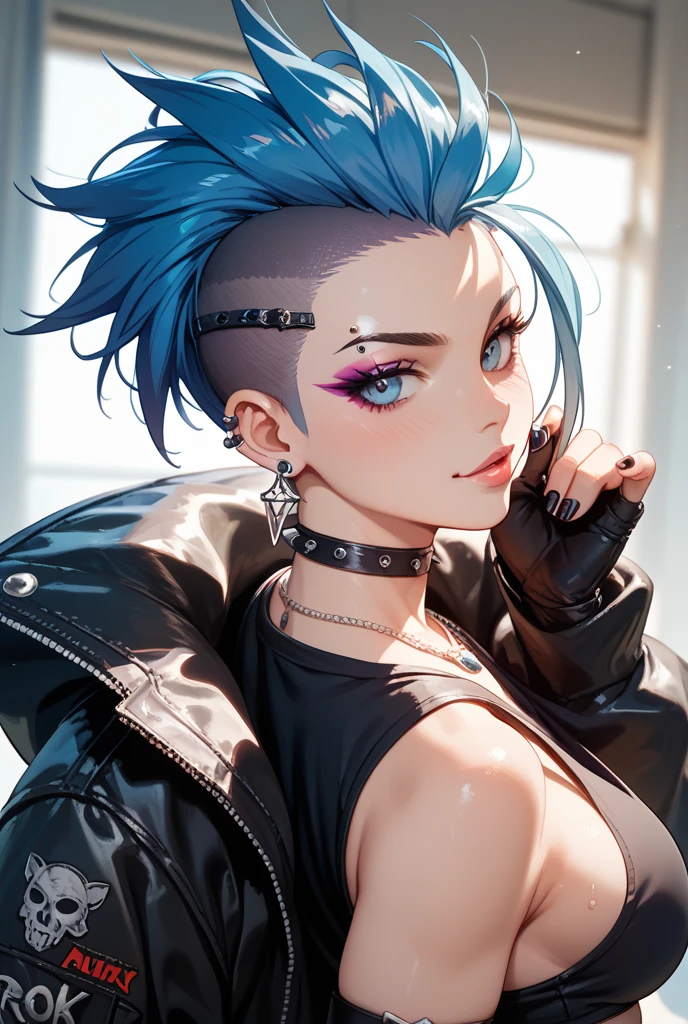 young girl, long turquoise hair, punk haircut, turquoise eyes, Scars, punk make-up, leather jacket, Burns, ripped clothes, madness, smirk, Masterpiece, highly quality